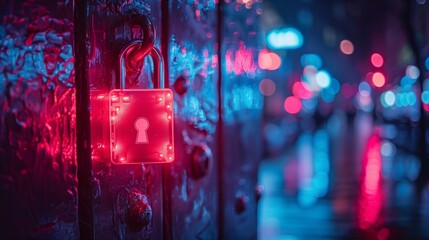 A red padlock with a glowing keyhole is attached to a weathered metal door. The background is blurred with city lights, creating a vibrant, colorful ambiance.