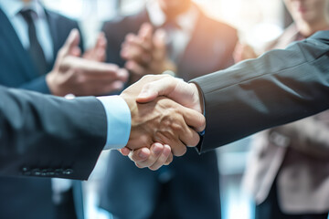 Business people shaking hands and clapping at the office.
