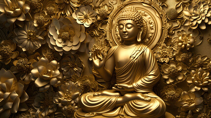 Fototapeta premium Golden Buddha statue in a Thai temple surrounded by intricate stone carvings and ancient architecture, depicting the essence of Thai religious art and culture