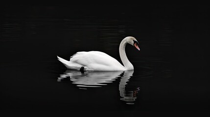 Naklejka premium A single white swan swims gracefully across a dark, still water surface