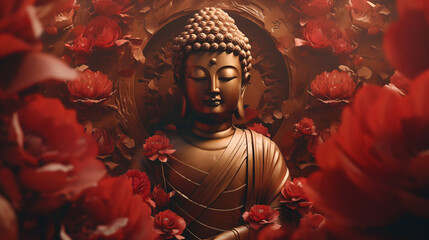 Buddha statue in temple, featuring gold sculpture of Buddhist deity in serene meditation