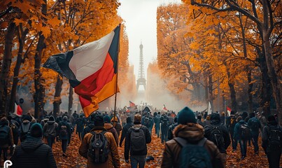 Fototapeta premium protests in france crowd of protesters, flags.image