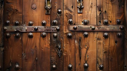 Obraz premium Antique Wooden Door with Iron Accents on Weathered Wooden Background Exuding Historic Vintage Charm