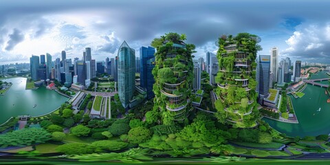 Obraz premium An immersive 360-degree equirectangular panorama of Singapore in the future, showcasing vertical farms and green rooftops providing fresh