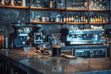 Stylish bar counter in a high end coffee shop with selective focus creating an upscale atmosphere