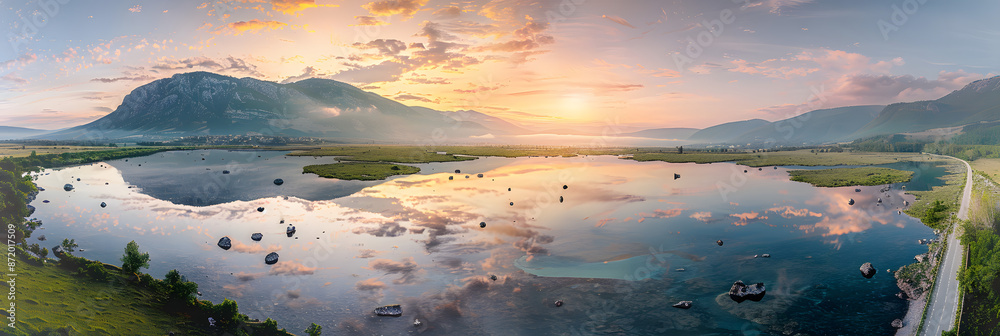 Wall mural scenic panorama of skadarsko lake with tranquil water and a picturesque sunrise