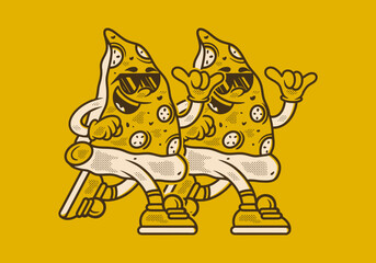 Retro pizza mascot character illustration in running pose