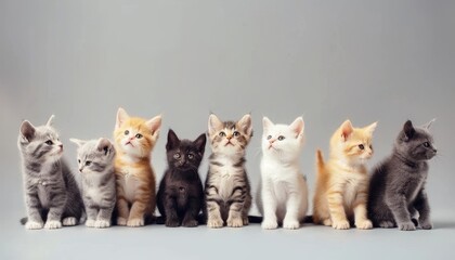 Vibrant row of playful multi colored kitten cats sitting together in adorable display