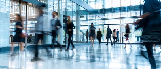 Blurred image of professionals walking through a modern office lobby with glass walls and bright lighting. The scene captures a busy, corporate environment