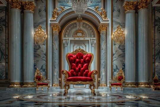 A majestic throne room with an ornate red velvet chair