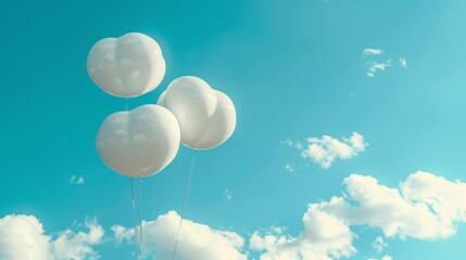 soft clouds, white balloons in the shape of clouds drift through a light blue background, evoking a serene and dreamy atmosphere.