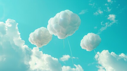 soft clouds, white balloons in the shape of clouds drift through a light blue background, evoking a serene and dreamy atmosphere.