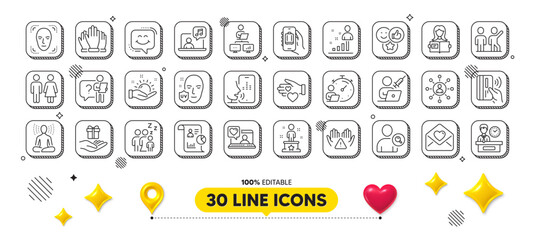 Uv protection, Teamwork and Clean hands line icons pack. 3d design elements. Yoga, Restroom, Presentation time web icon. Report, Stats, Loyalty program pictogram. Like, Vote, Find user. Vector