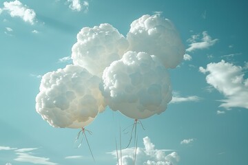 soft clouds, white balloons in the shape of clouds drift through a light blue background, evoking a serene and dreamy atmosphere.