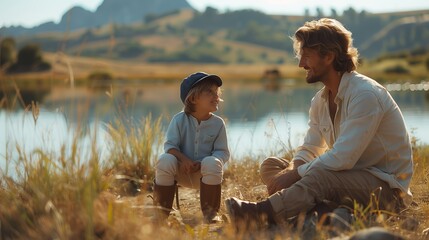 Father and Son Sit by a Lake in the Countryside on a Sunny Day