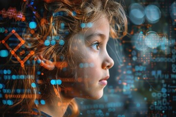 A young girl looks thoughtfully into the distance, surrounded by a futuristic, digital world.