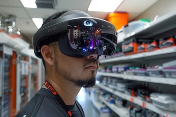 Man wearing augmented reality headset in a tech store, exploring advanced digital interfaces and innovative technology products.