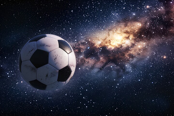 Fototapeta premium a soccer ball floating in a space nebula
