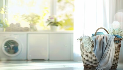 Laundry basket and washing machine with blank space for text on blurred background