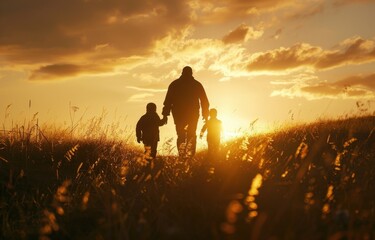 silhouette of father with two kids, walking in the field at sunset Generative AI
