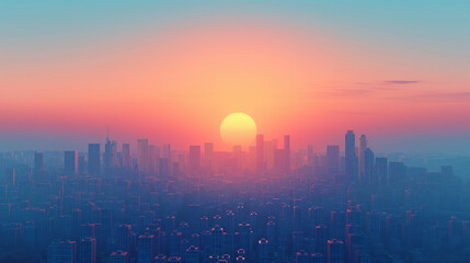 Minimalist digital artwork of a cityscape at sunrise, featuring simple geometric shapes and a calm color palette with shades of blue and orange.