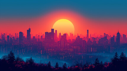 Minimalist digital artwork of a cityscape at sunrise, featuring simple geometric shapes and a calm color palette with shades of blue and orange.