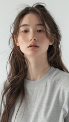 Fototapeta premium A striking portrait of a young Asian woman with long, tousled dark hair and natural makeup, wearing a grey t-shirt against a neutral background, embodying effortless style and contemporary beauty.