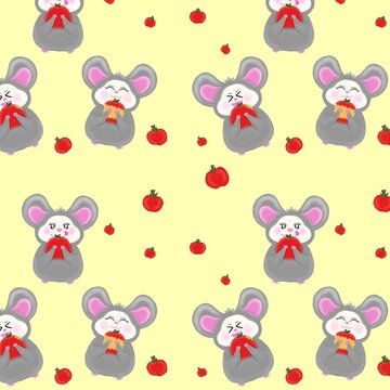 seamless pattern with mouse and apple .
This is a mousy that is stealing a red apple.  The mousy's greed caused the delicious apple to fall to the ground.  But the mousy still looked deliciously at th
