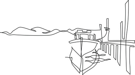 Fishing boats and boats at the pier on the shore. Continuous line drawing. Illustration, vector