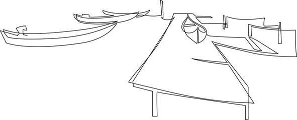 Fishing boats and boats at the pier on the shore. Continuous line drawing. Illustration, vector