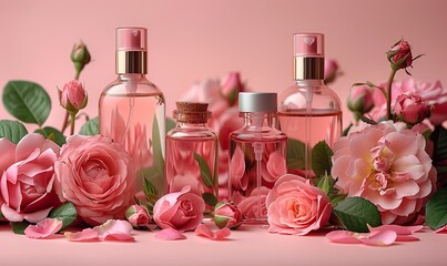 set of natural organic spa cosmetics, rose buds, petal on light pink background.stock photo