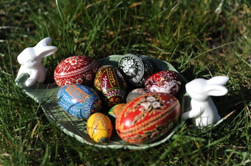 A traditional hand-dyed and hand painted colourful Easter eggs in Poland called pisanka or kroszonka, Poland, Europe
