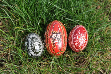A traditional hand-dyed and hand painted colourful Easter eggs in Poland called pisanka or kroszonka, Poland, Europe