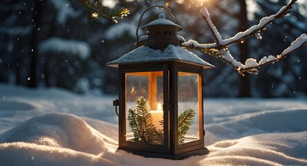 Christmas lantern in the snow with fir branches in the sun. winter decoration background. Generative AI