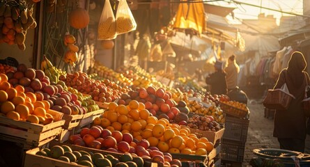Vintage fruit market scene with warm sunlight and bustling activity, Classic, Warm colors, Soft lighting, Digital photography