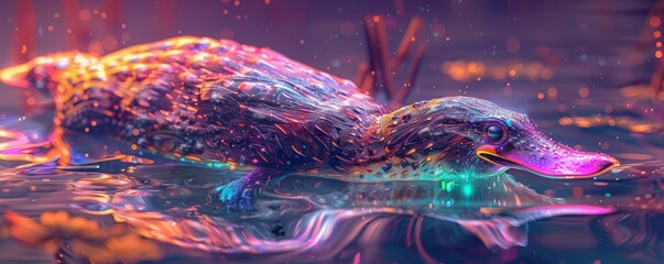 Surreal platypus with glowing features swimming in a dreamlike river, Psychedelic, Vibrant hues, 3D rendering