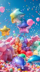 Surreal birthday celebration with giant floating balloon animals, Psychedelic, Bright colors, 3D rendering