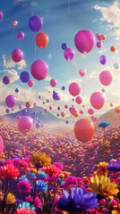 Surreal birthday party with giant floating balloons in a dreamlike landscape, Psychedelic, Vibrant hues, Digital art