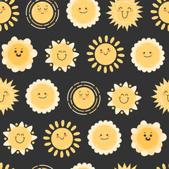 Childish seamless pattern with happy yellow sun smiling on dark background
