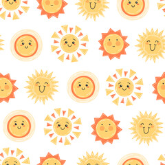 Childish seamless pattern with happy yellow sun smiling on white background