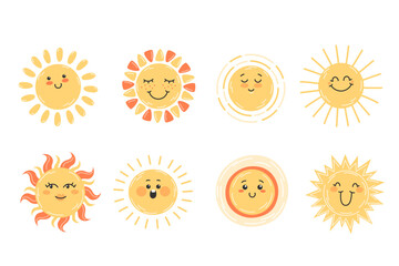 Collection of bright suns with faces in flat style