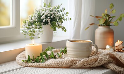cozy home desk table, plaid coffee cup candle on white background top view flat lay copy space autumn composition nordic hygge style concept.stock image