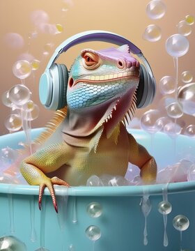 Colorful iguana in the thub 3d