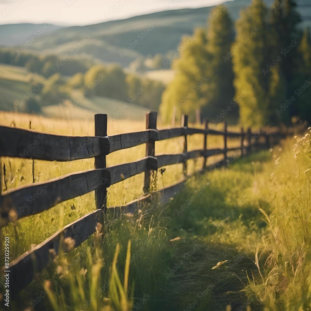 Canvas Prints AI-generated illustration of a wooden fence with rolling hills in the background.