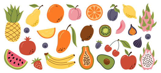 Set hand drawn colorful fruits and berries. Modern abstract minimal style. Natural tropical fruits. Cherry, apple, peach, lemon, banana, pomegranate, pineapple, fig, melon. Vector illustration.