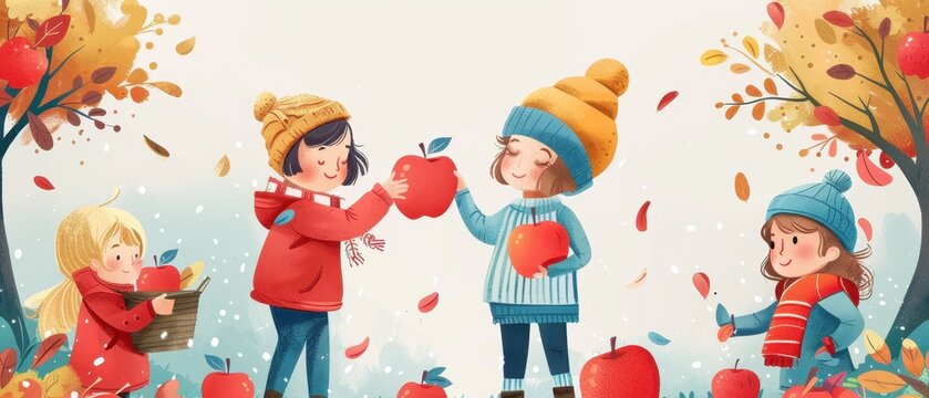Autumn illustration of children picking apples, dressed in warm clothes, surrounded by vibrant fall foliage and scattered leaves.