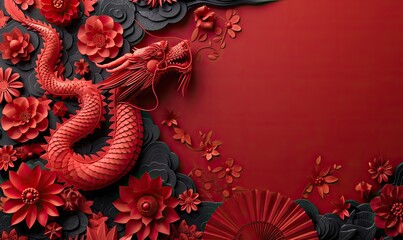 happy chinese new year banner template red paper fans, dragon on red background traditional holiday lunar new year happy new year of the dragon.stock photo