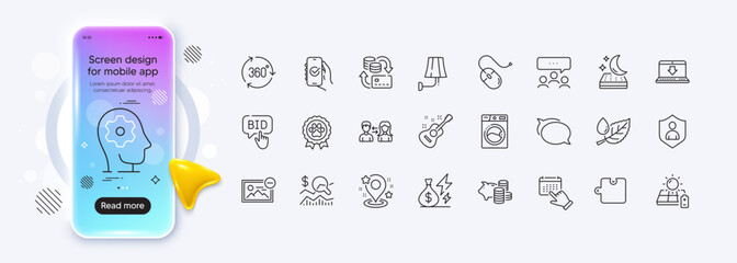 Bid offer, Wall lamp and Mattress line icons for web app. Phone mockup gradient screen. Pack of Piggy bank, Internet downloading, Check investment pictogram icons. Vector