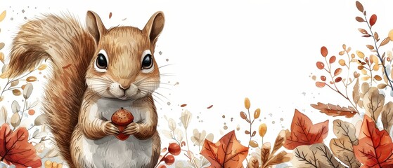 Fototapeta premium Cute watercolor illustration of a squirrel holding an acorn surrounded by autumn leaves and flowers on a white background.