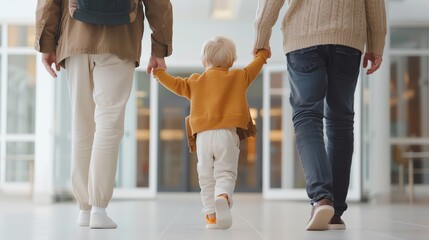A family is walking away from the camera. The child is between the two adults, holding hands with both.